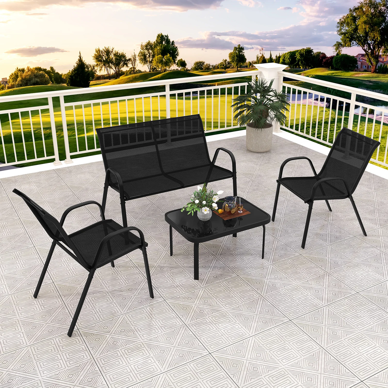 4 Piece Modern Chair and Table Set with Fabric Seat and Tempered Glass Tabletop-Black - Image 3