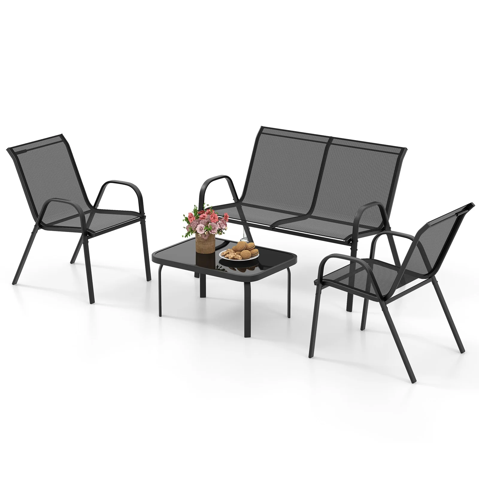 4 Piece Modern Chair and Table Set with Fabric Seat and Tempered Glass Tabletop-Black - Image 4