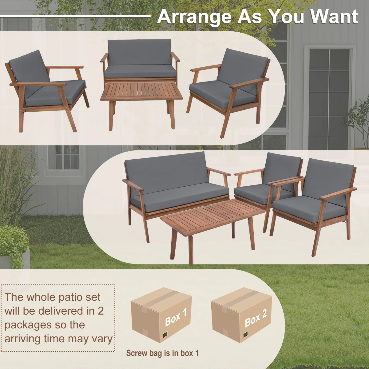 4 Piece Outdoor Conversation Set with Soft Seat and Back Cushions-Grey - Image 9