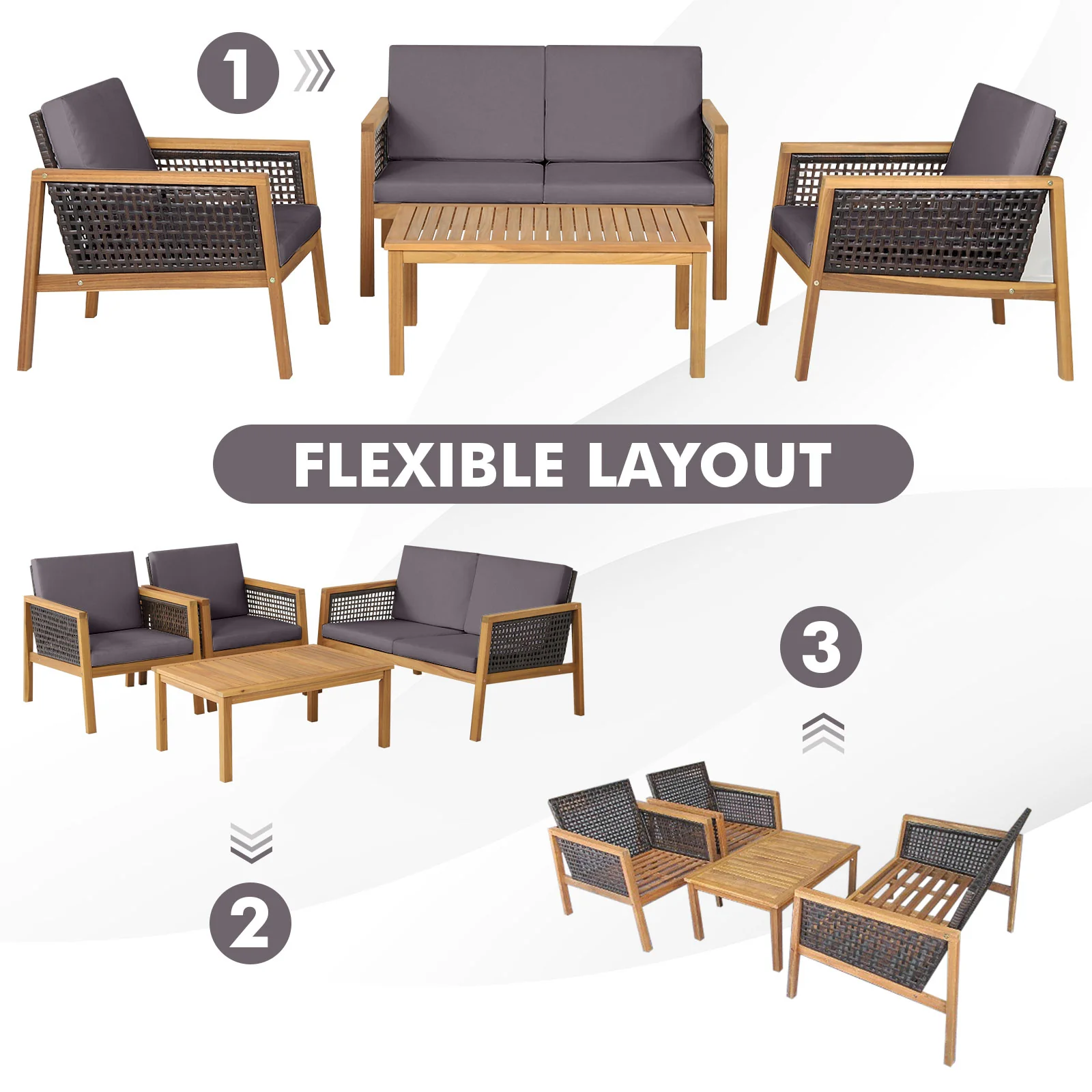 4-Piece Patio Acacia Wood Furniture Set with Removable Cushions-Grey - Image 7