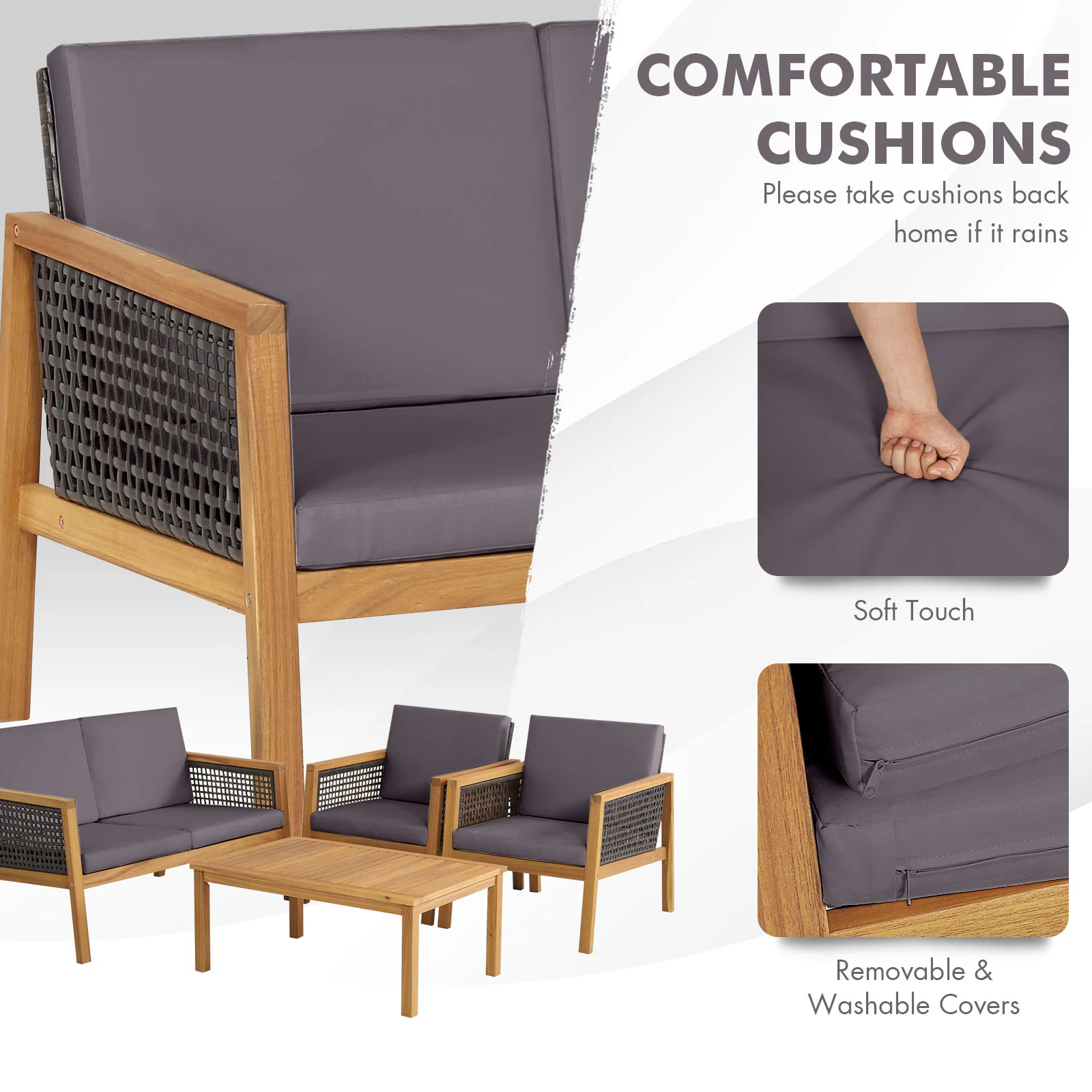 4-Piece Patio Acacia Wood Furniture Set with Removable Cushions-Grey - Image 9