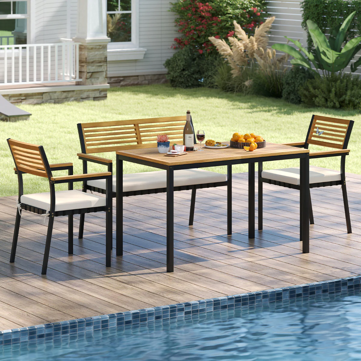 4-Piece Patio Dining Set Outdoor Wood Metal Furniture-White - Image 3