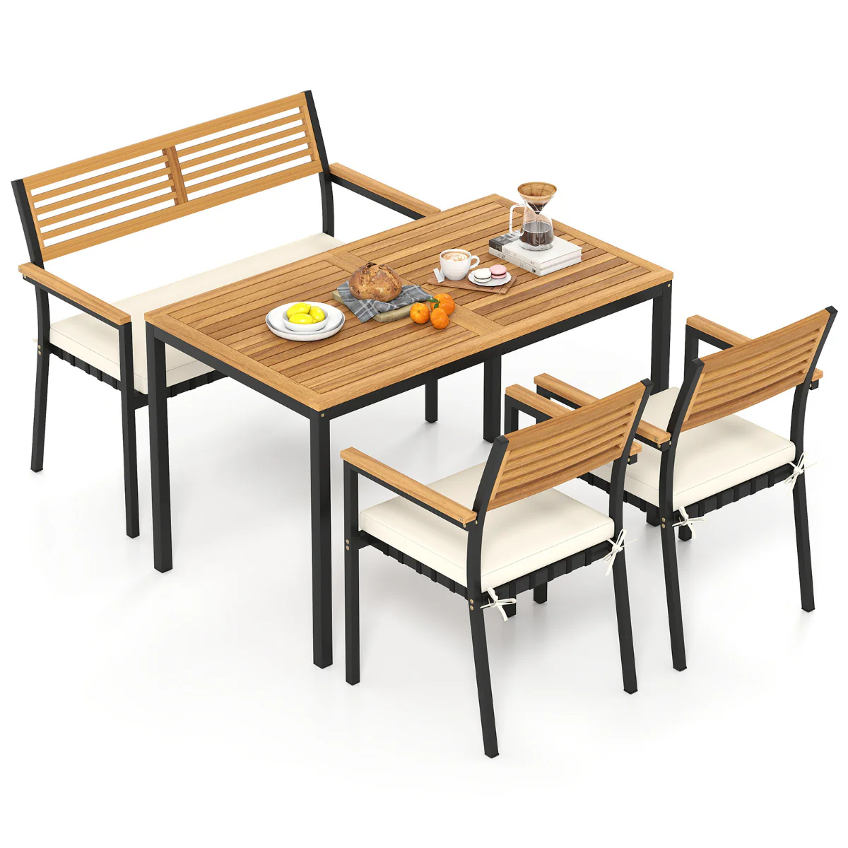 4-Piece Patio Dining Set Outdoor Wood Metal Furniture-White - Image 4