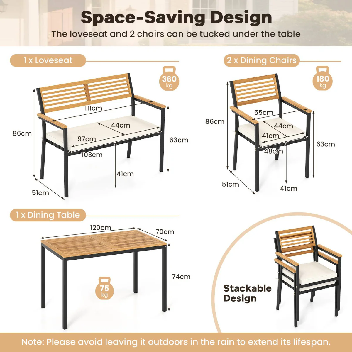 4-Piece Patio Dining Set Outdoor Wood Metal Furniture-White - Image 5