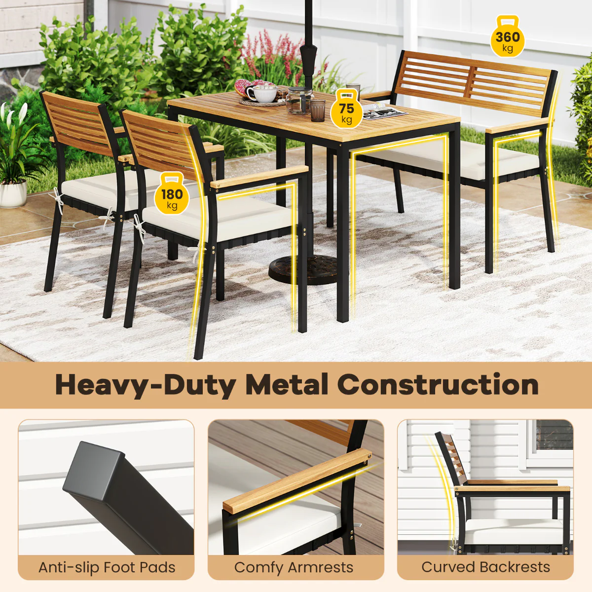 4-Piece Patio Dining Set Outdoor Wood Metal Furniture-White - Image 9