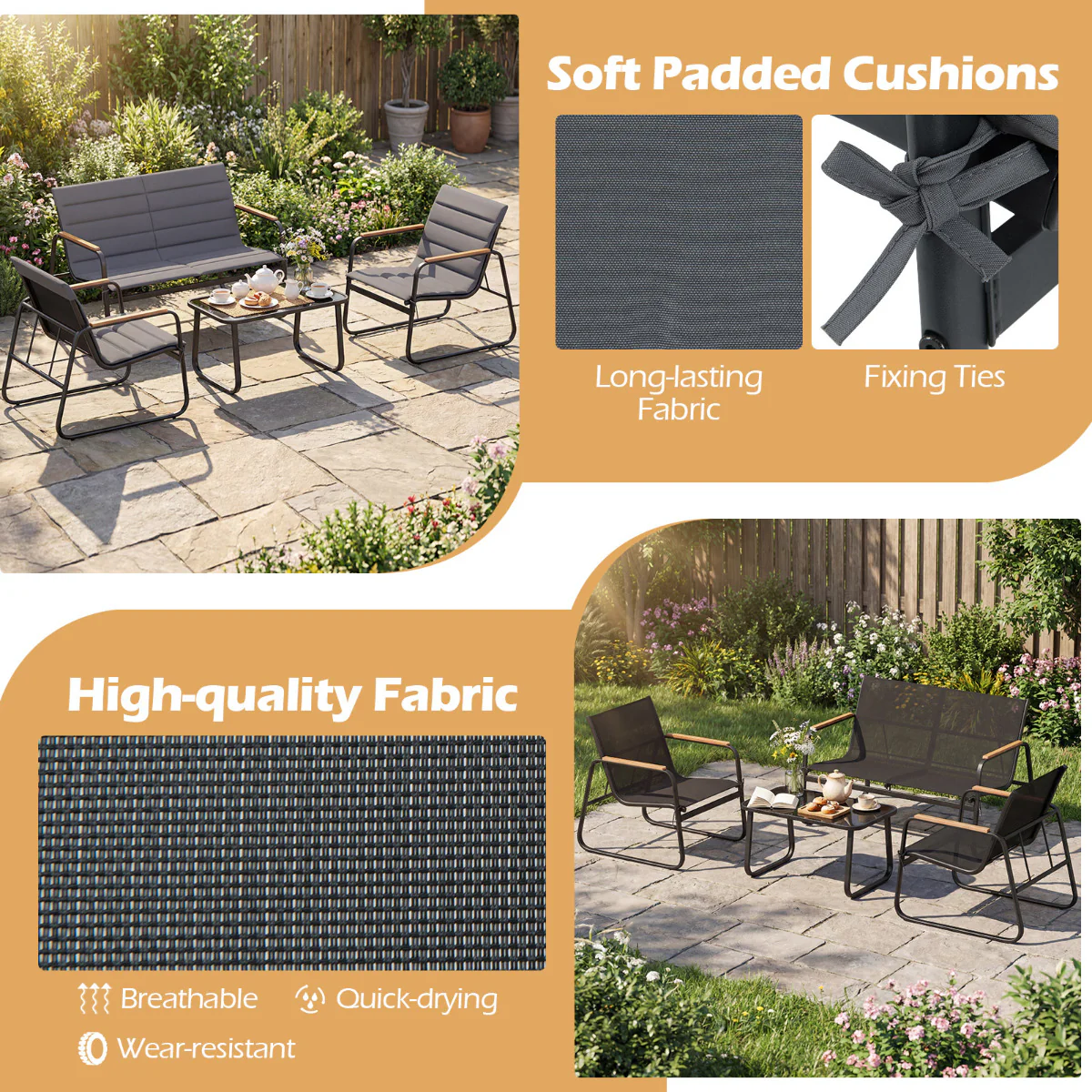 4 Pieces Outdoor Furniture Set with Cushions and Tempered Glass Table-Grey - Image 10