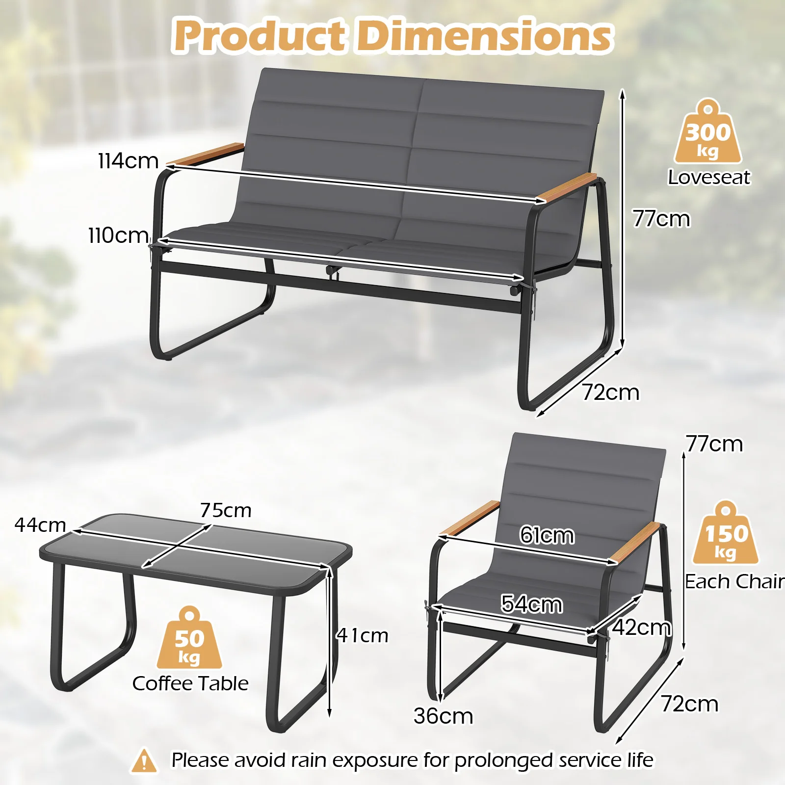 4 Pieces Outdoor Furniture Set with Cushions and Tempered Glass Table-Grey - Image 5