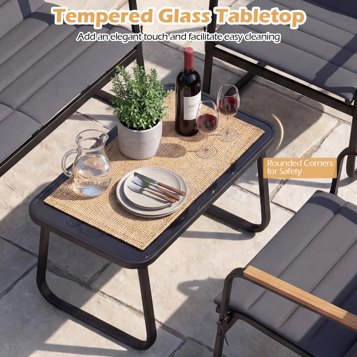 4 Pieces Outdoor Furniture Set with Cushions and Tempered Glass Table-Grey - Image 7