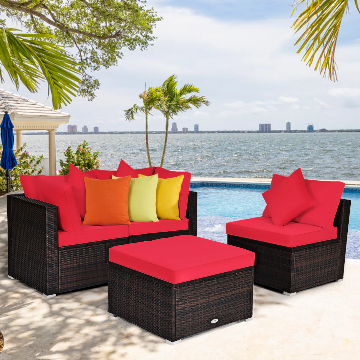 4 Pieces Outdoor Rattan  Conversation Set with Removable Cushions and Pillows-Red - Image 2