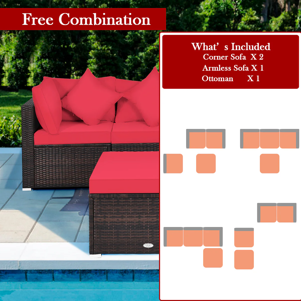 4 Pieces Outdoor Rattan  Conversation Set with Removable Cushions and Pillows-Red - Image 3