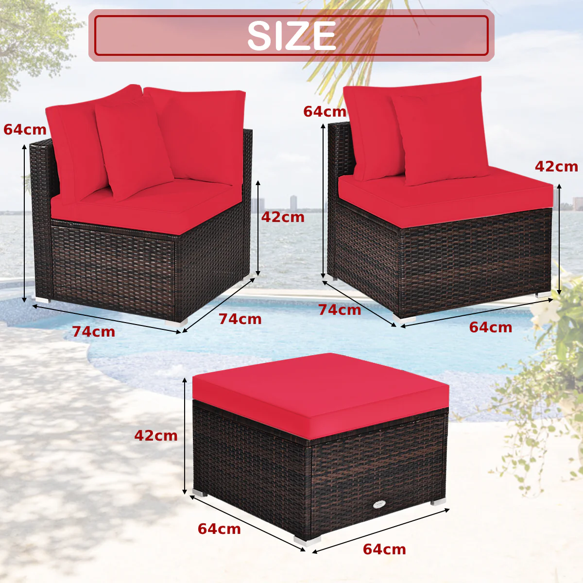 4 Pieces Outdoor Rattan  Conversation Set with Removable Cushions and Pillows-Red - Image 4