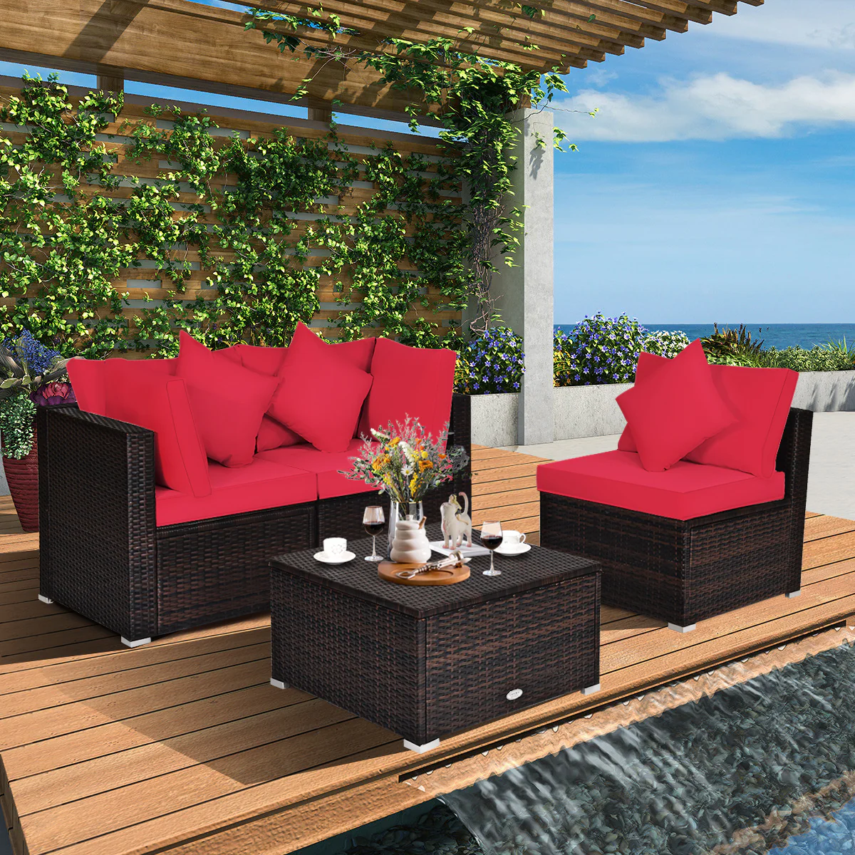 4 Pieces Outdoor Rattan  Conversation Set with Removable Cushions and Pillows-Red - Image 6