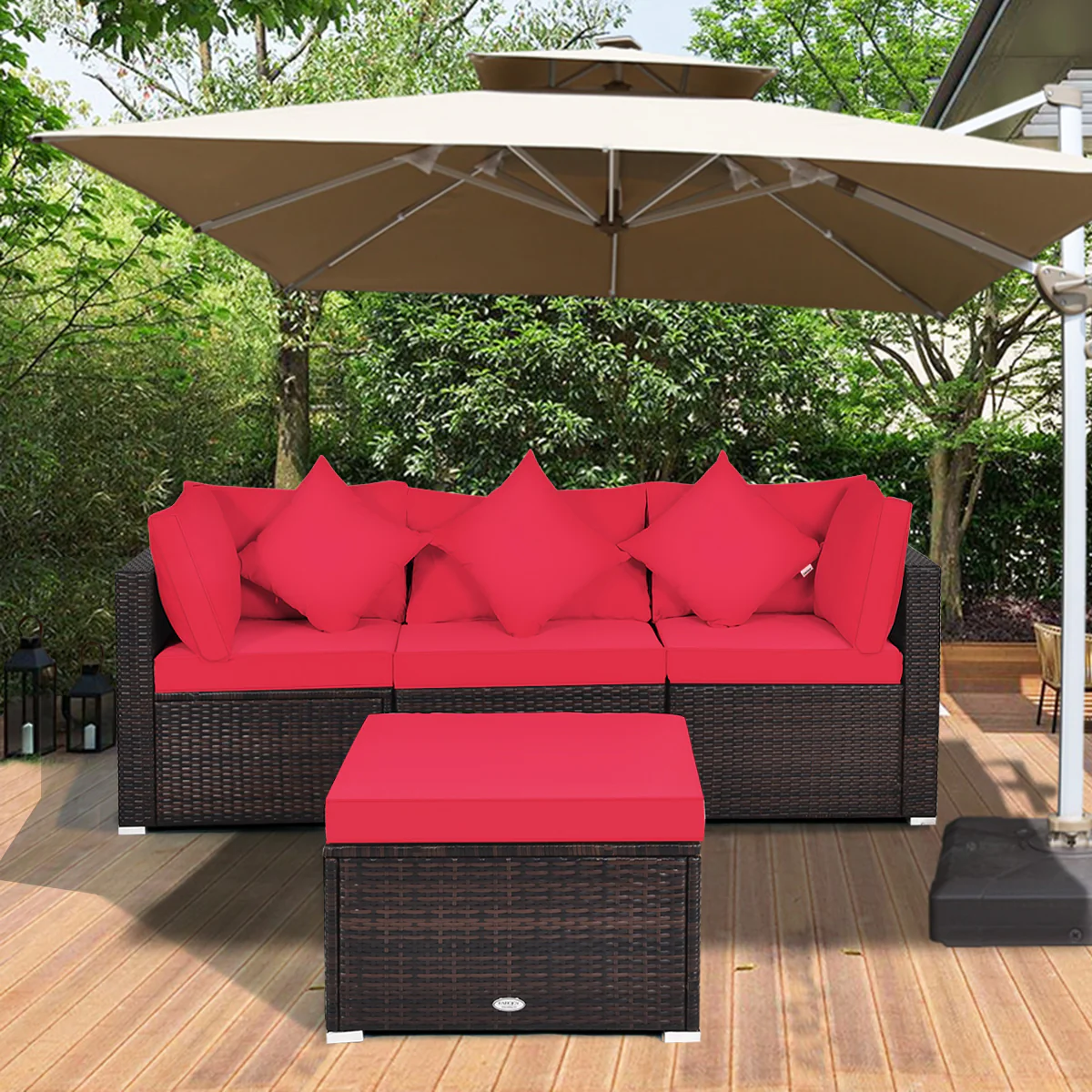 4 Pieces Outdoor Rattan  Conversation Set with Removable Cushions and Pillows-Red - Image 7