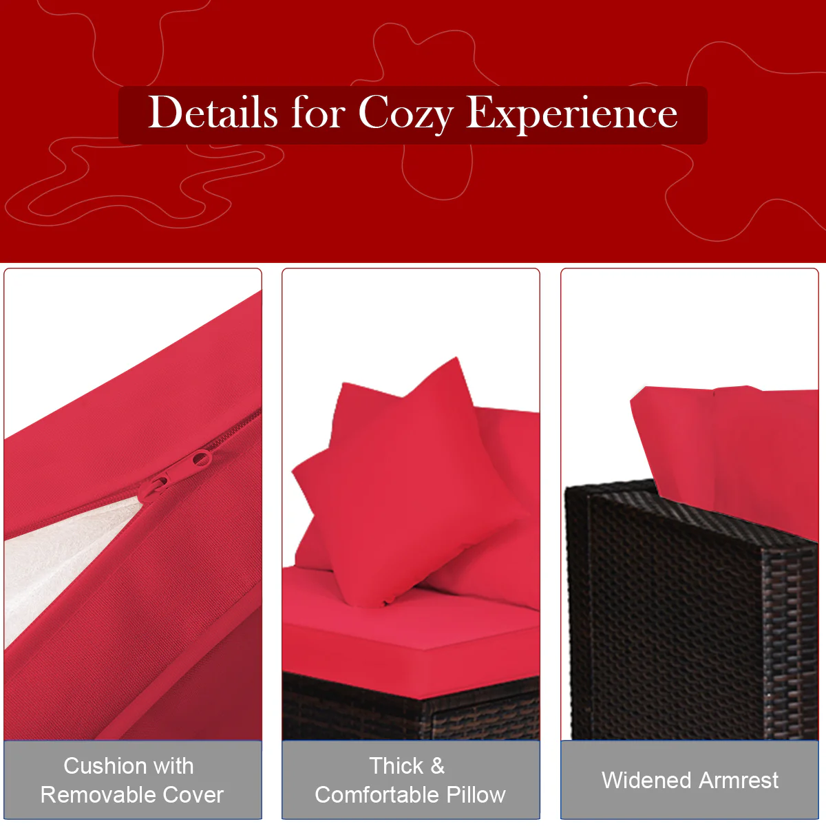 4 Pieces Outdoor Rattan  Conversation Set with Removable Cushions and Pillows-Red - Image 9