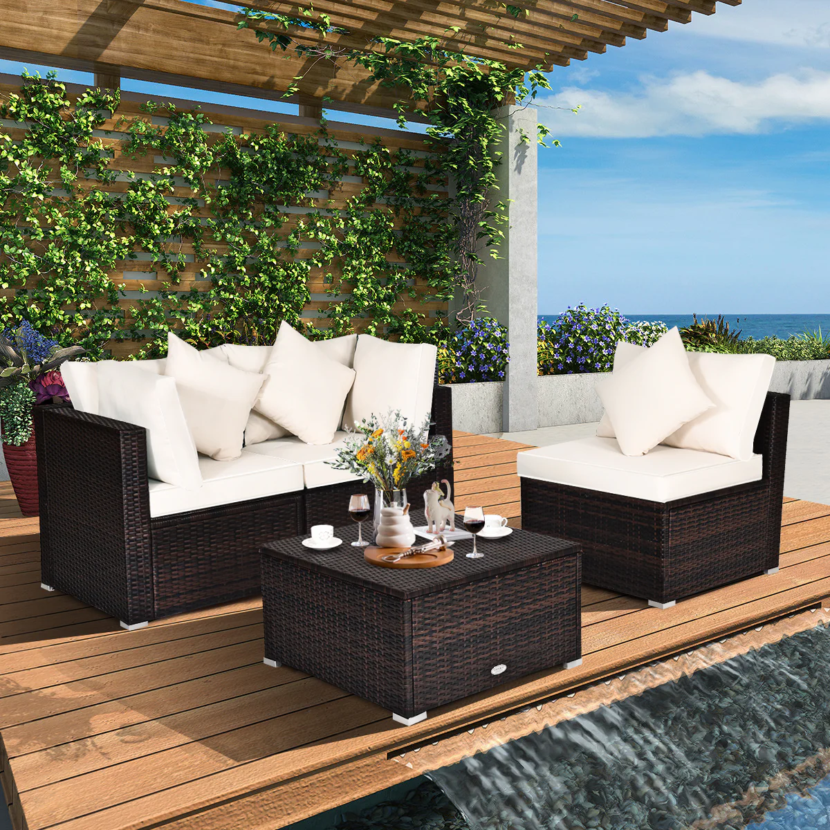 4 Pieces Outdoor Rattan  Conversation Set with Removable Cushions and Pillows-White - Image 2