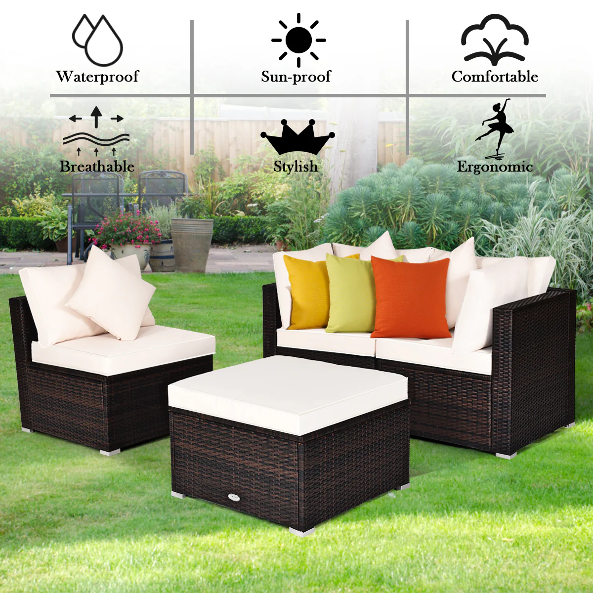4 Pieces Outdoor Rattan  Conversation Set with Removable Cushions and Pillows-White - Image 3