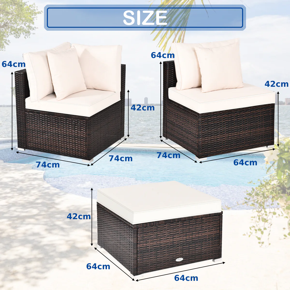 4 Pieces Outdoor Rattan  Conversation Set with Removable Cushions and Pillows-White - Image 4