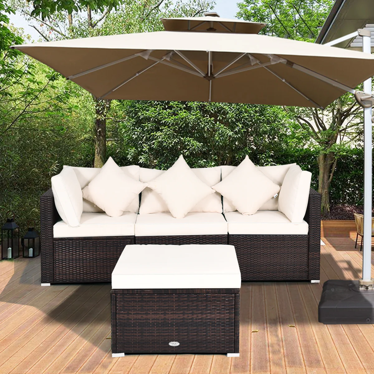 4 Pieces Outdoor Rattan  Conversation Set with Removable Cushions and Pillows-White - Image 6
