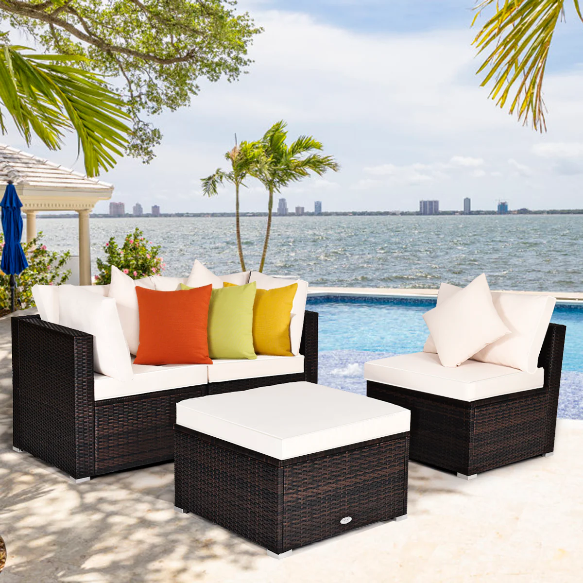 4 Pieces Outdoor Rattan  Conversation Set with Removable Cushions and Pillows-White - Image 7