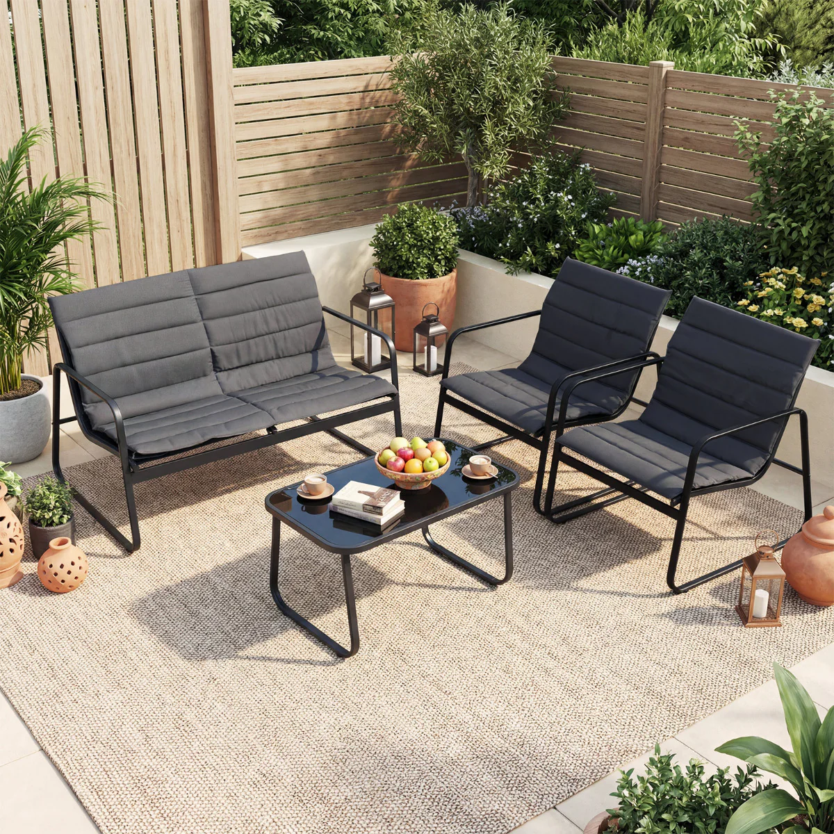4 Pieces Patio Conversation Set with Cushions and Tempered Glass Coffee Table-Grey - Image 3