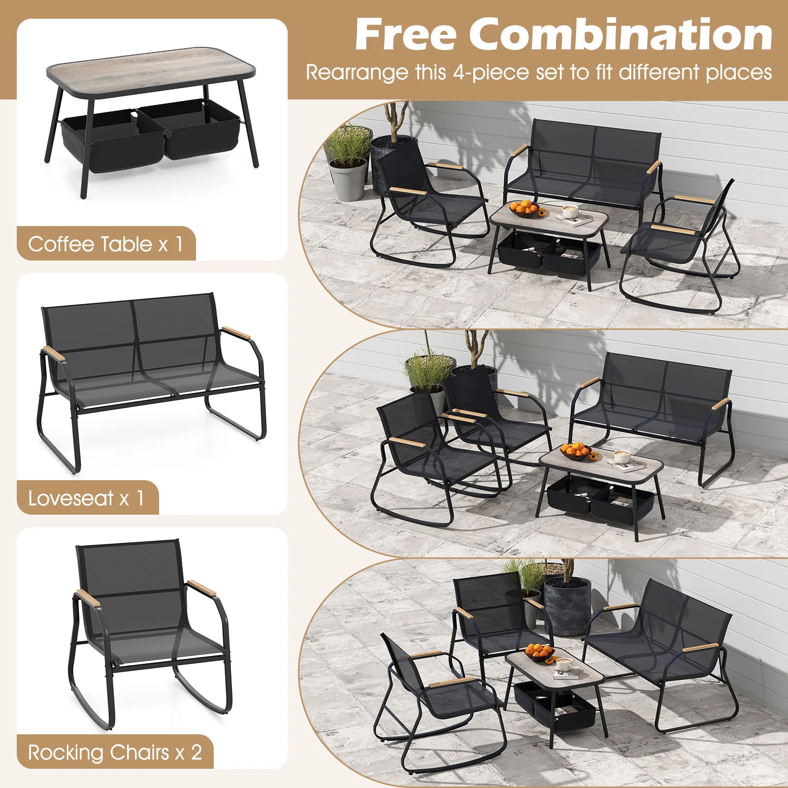 4 Pieces Patio Furniture Set with 2 Rocking Bistro Chairs-Black - Image 10