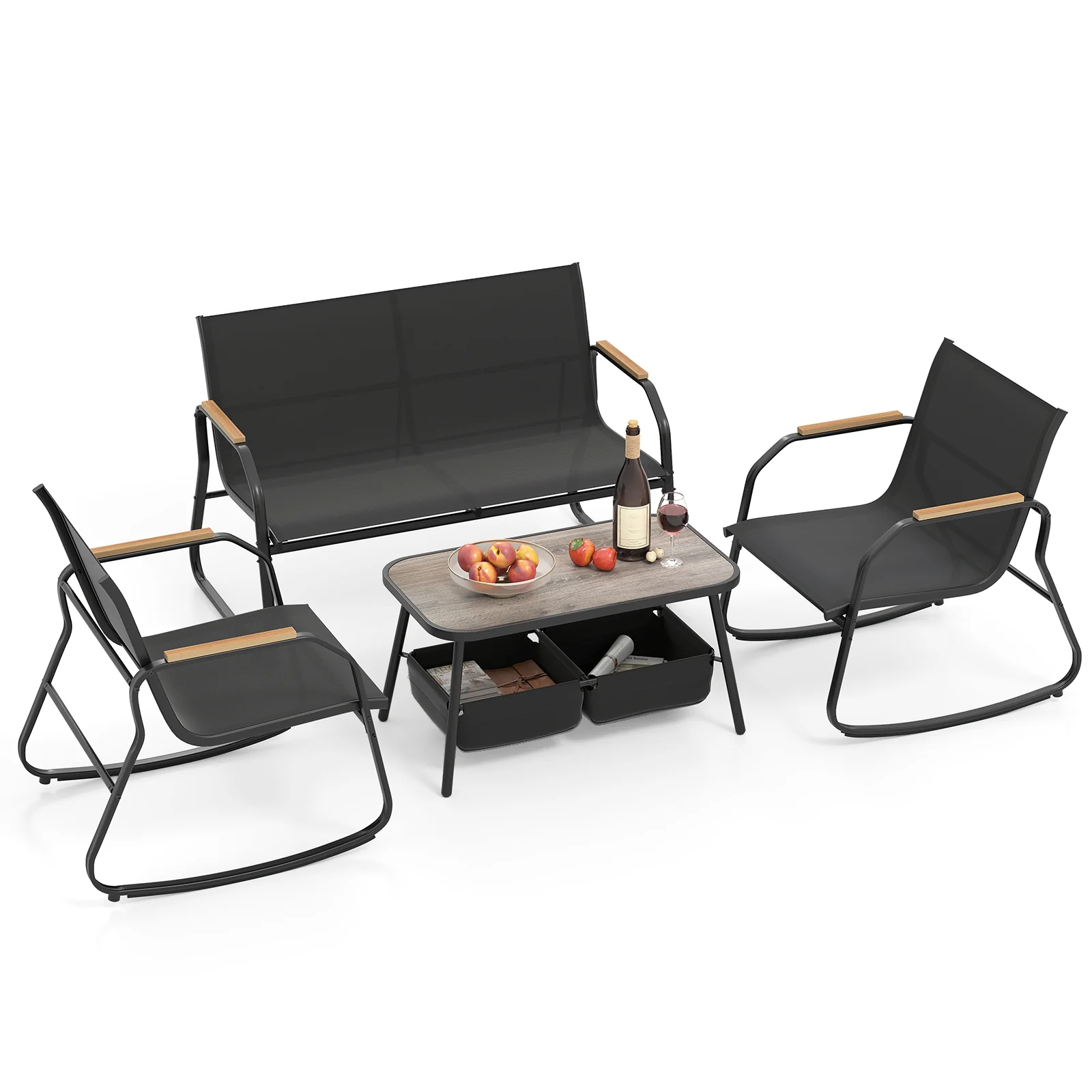 4 Pieces Patio Furniture Set with 2 Rocking Bistro Chairs-Black - Image 4
