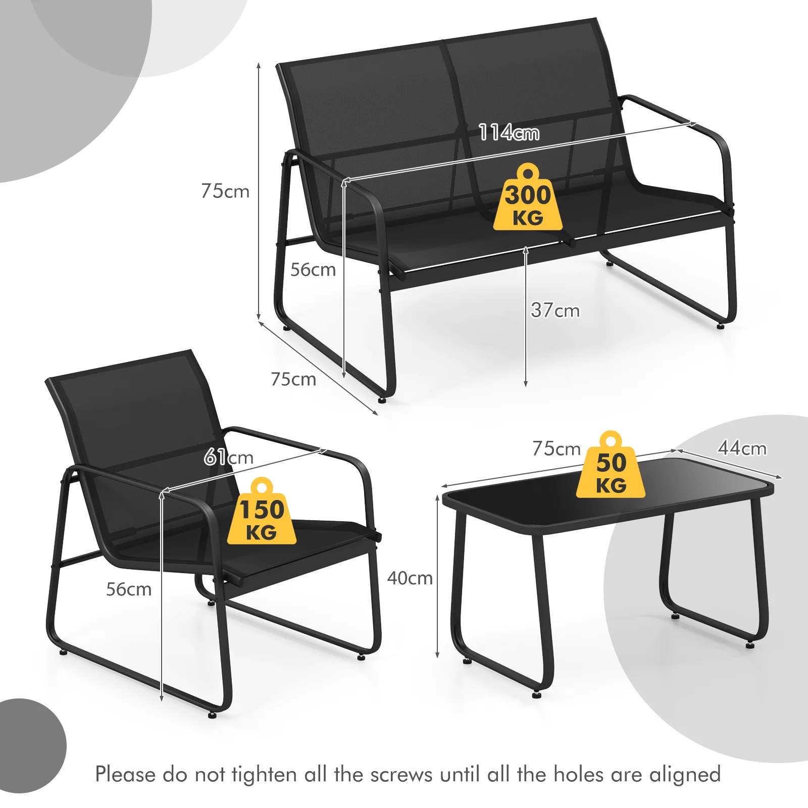 4 Pieces Patio Furniture Set with Tempered Glass Coffee Table-Black - Image 5