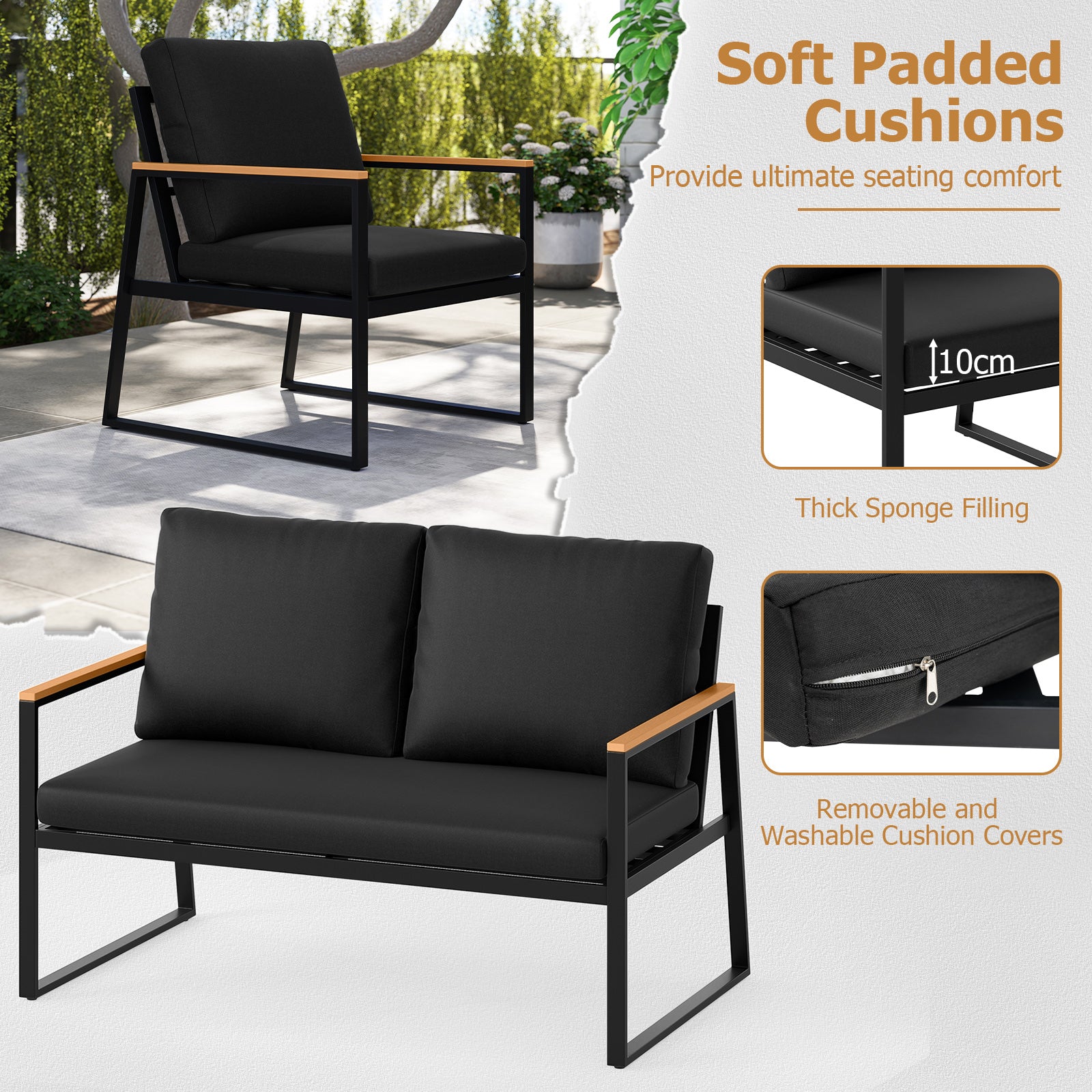 4 Pieces Patio Furniture Set with Thick Cushions for Backyard-Black - Image 7