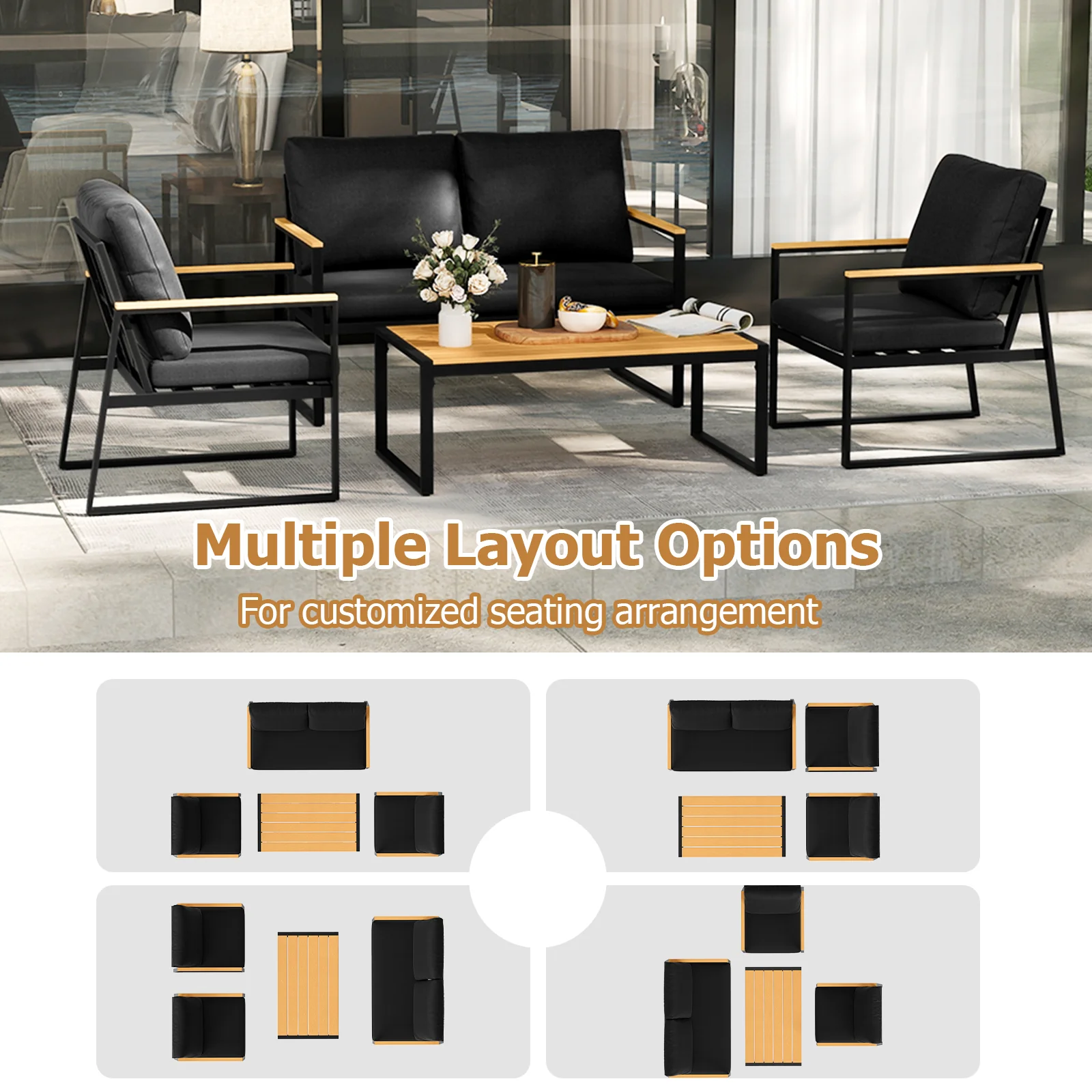 4 Pieces Patio Furniture Set with Thick Cushions for Backyard-Black - Image 9