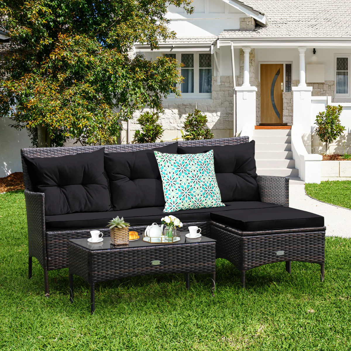 4 Seater Rattan Garden Furniture Set With Cushioned Sofa-Black - Image 2