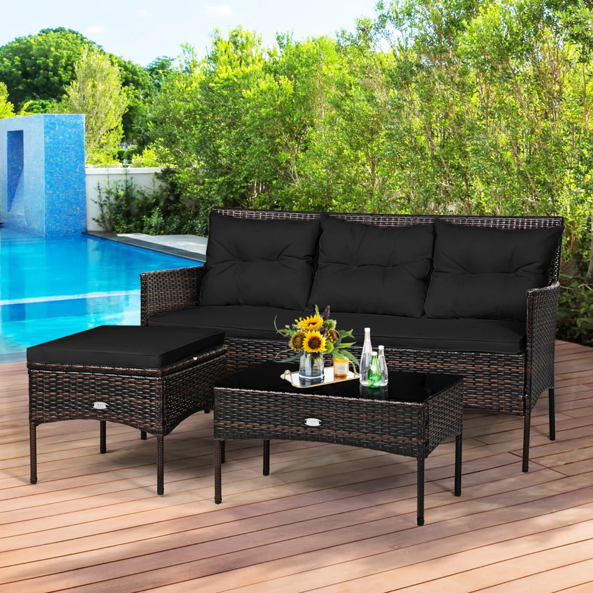 4 Seater Rattan Garden Furniture Set With Cushioned Sofa-Black - Image 3