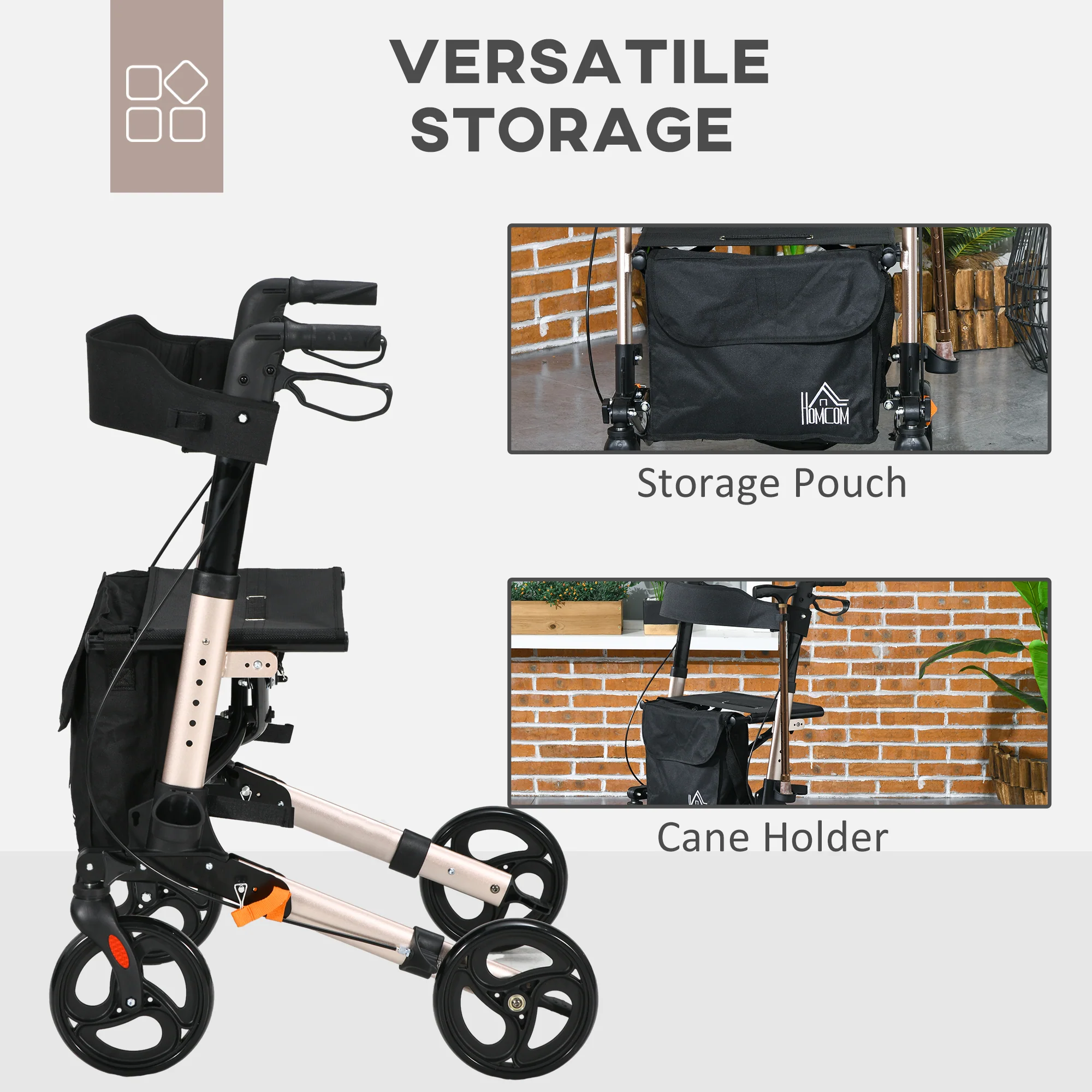 4 Wheel Rollator Walker With Seat Adjustable Mobility Walker With Bag, Gold Tone - Image 4