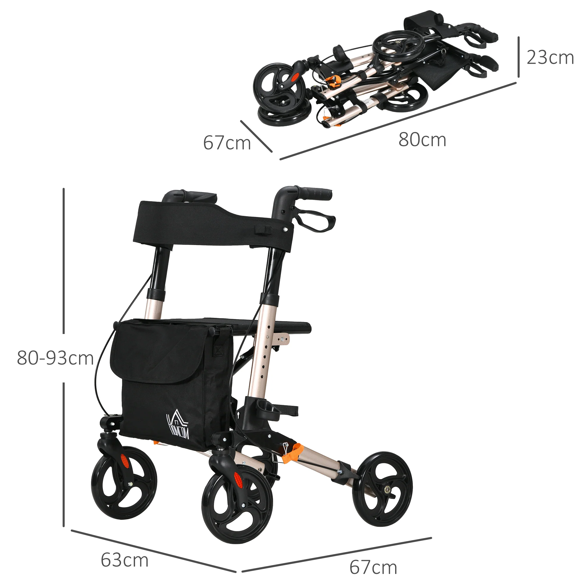 4 Wheel Rollator Walker With Seat Adjustable Mobility Walker With Bag, Gold Tone - Image 5