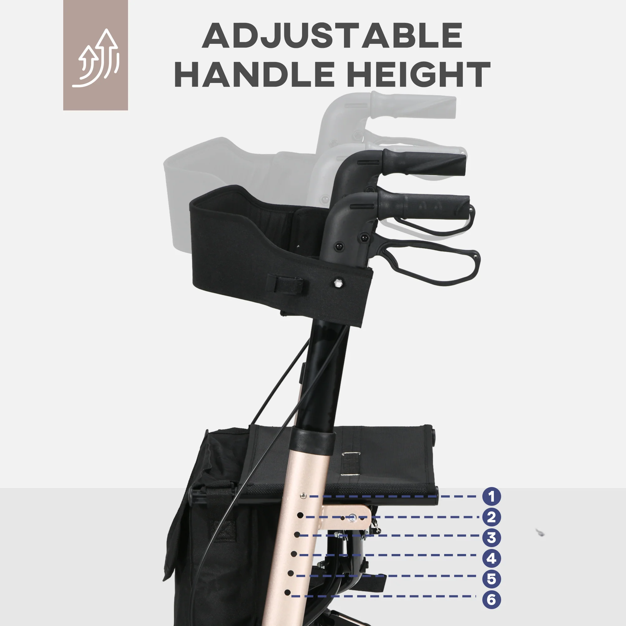 4 Wheel Rollator Walker With Seat Adjustable Mobility Walker With Bag, Gold Tone - Image 7