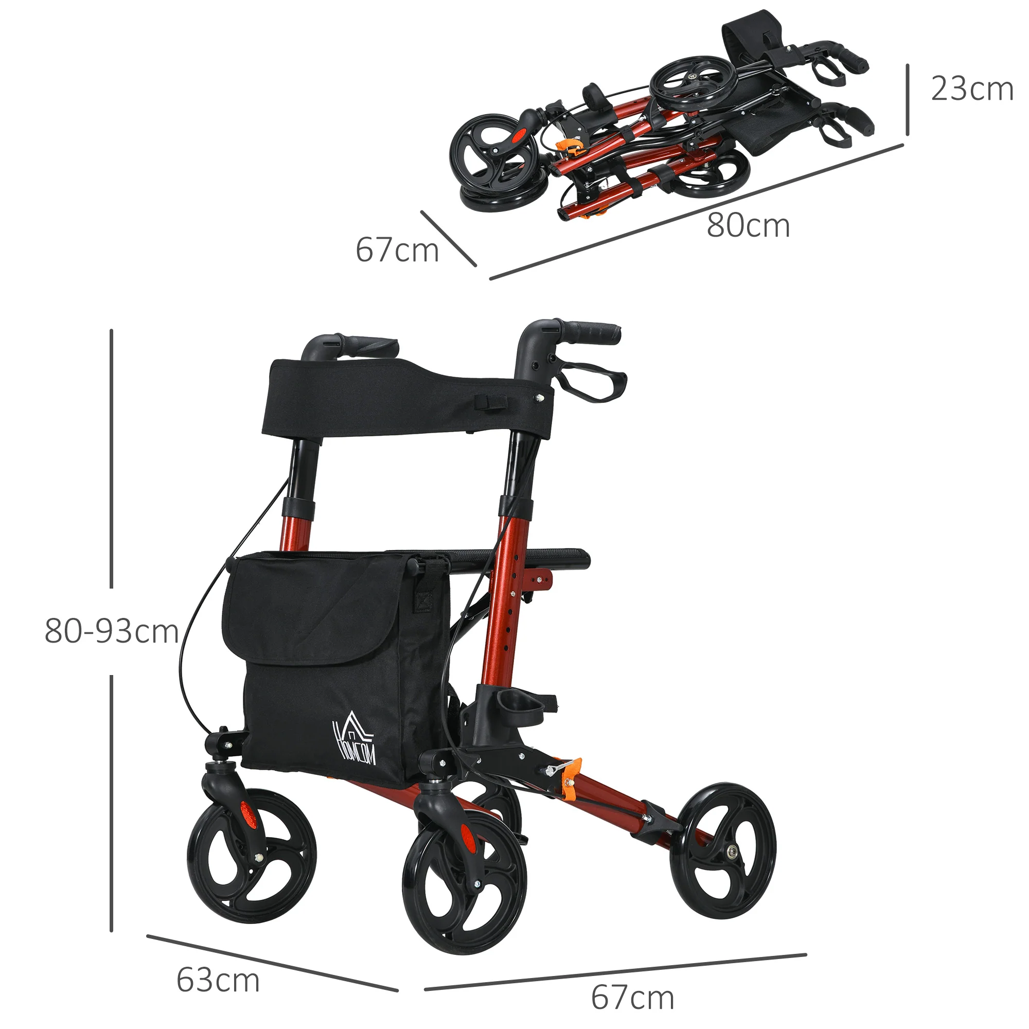4 Wheel Rollator Walker With Seat Adjustable Mobility Walker With Bag, Red - Image 5