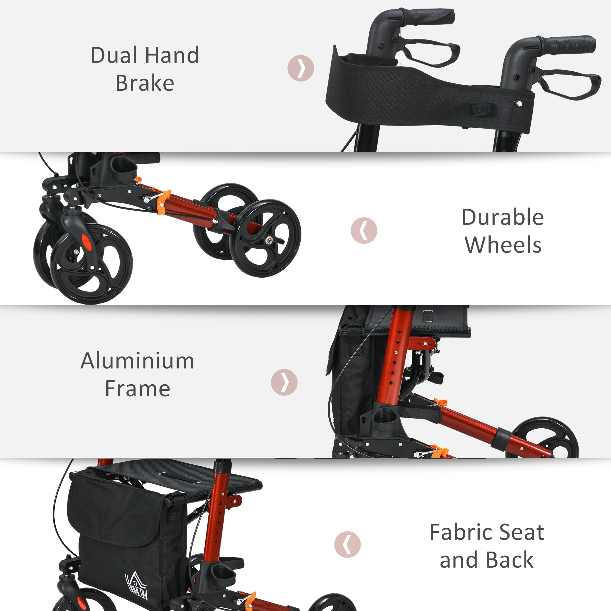 4 Wheel Rollator Walker With Seat Adjustable Mobility Walker With Bag, Red - Image 6