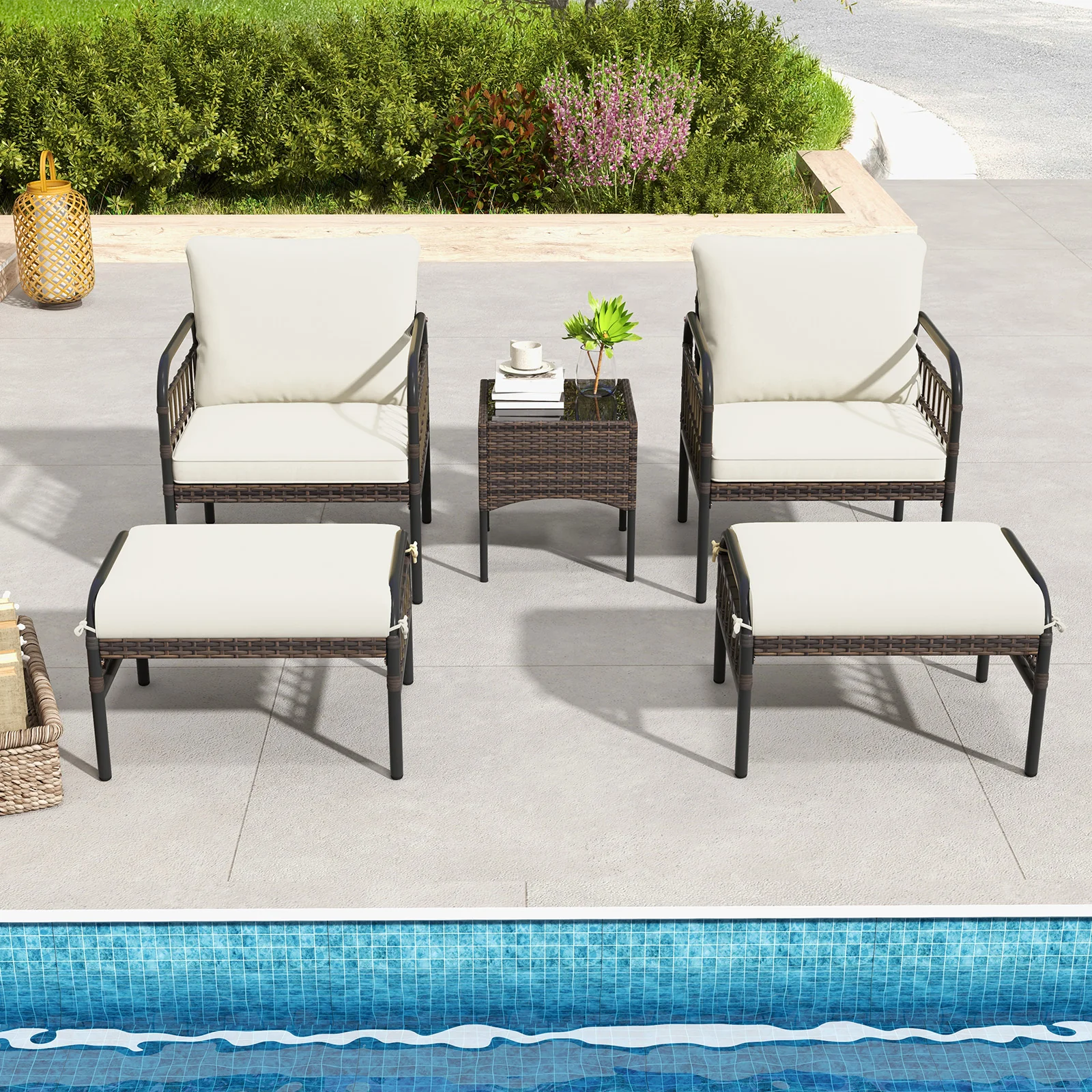 5 Piece Patio Conversation Set with Ottomans and Coffee Table-White - Image 2