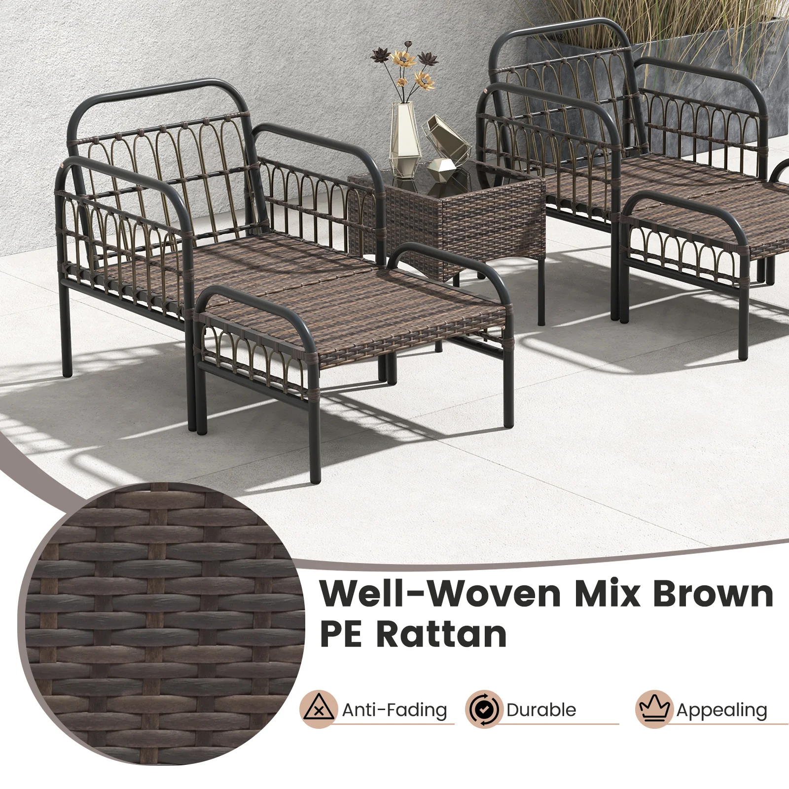 5 Piece Patio Conversation Set with Ottomans and Coffee Table-White - Image 6