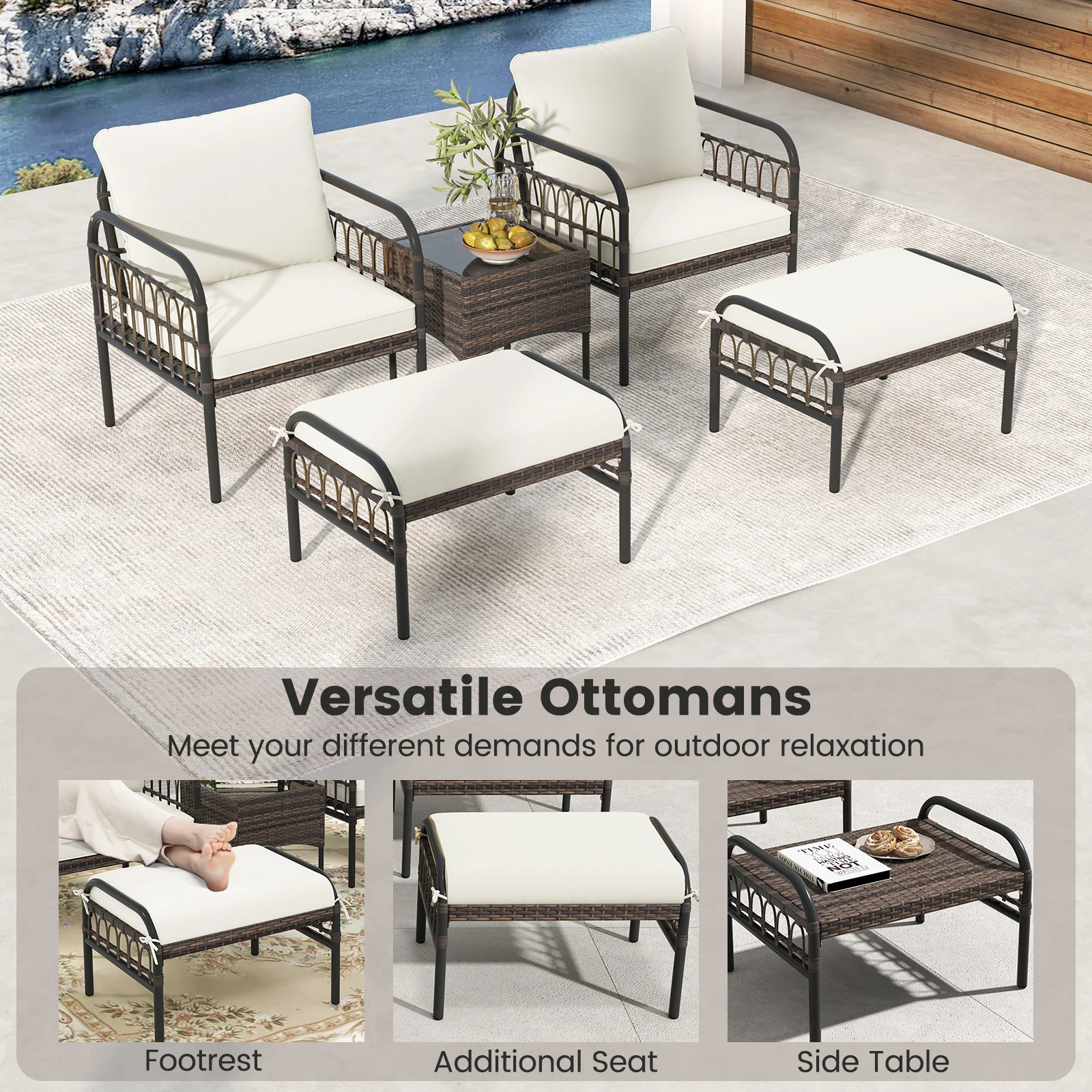 5 Piece Patio Conversation Set with Ottomans and Coffee Table-White - Image 8