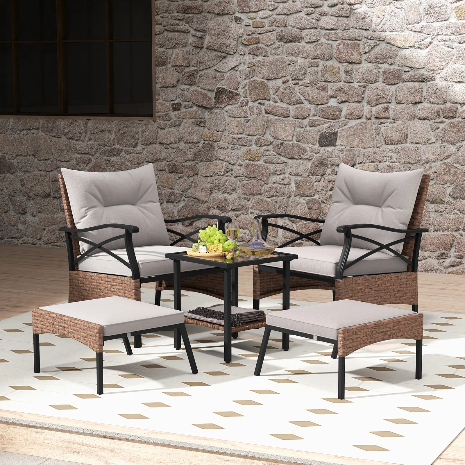 5 Piece Patio Furniture Set with Soft Seat and Back Cushions Included-Brown - Image 3