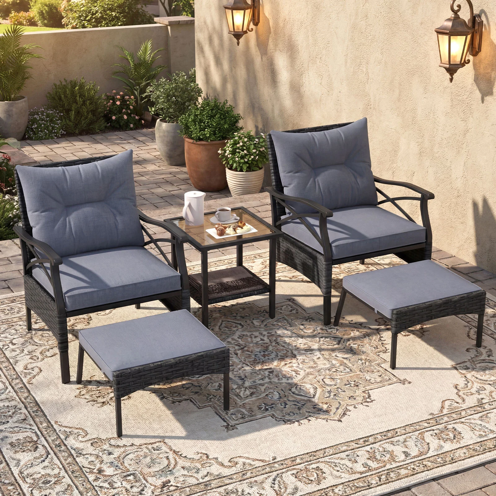 5 Piece Patio Furniture Set with Soft Seat and Back Cushions Included-Grey - Image 2