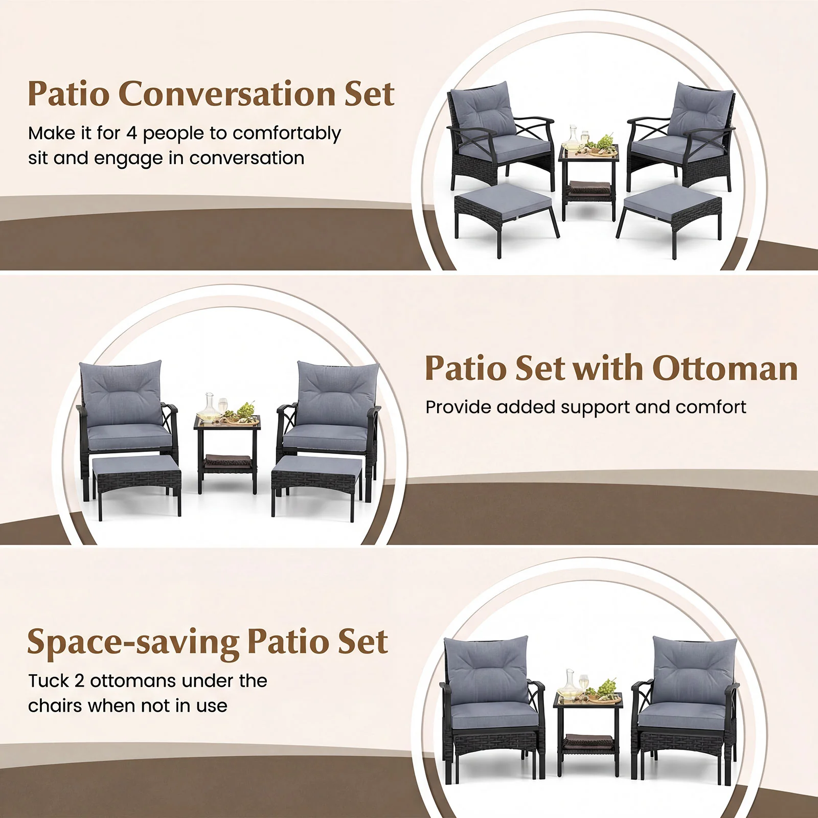 5 Piece Patio Furniture Set with Soft Seat and Back Cushions Included-Grey - Image 7