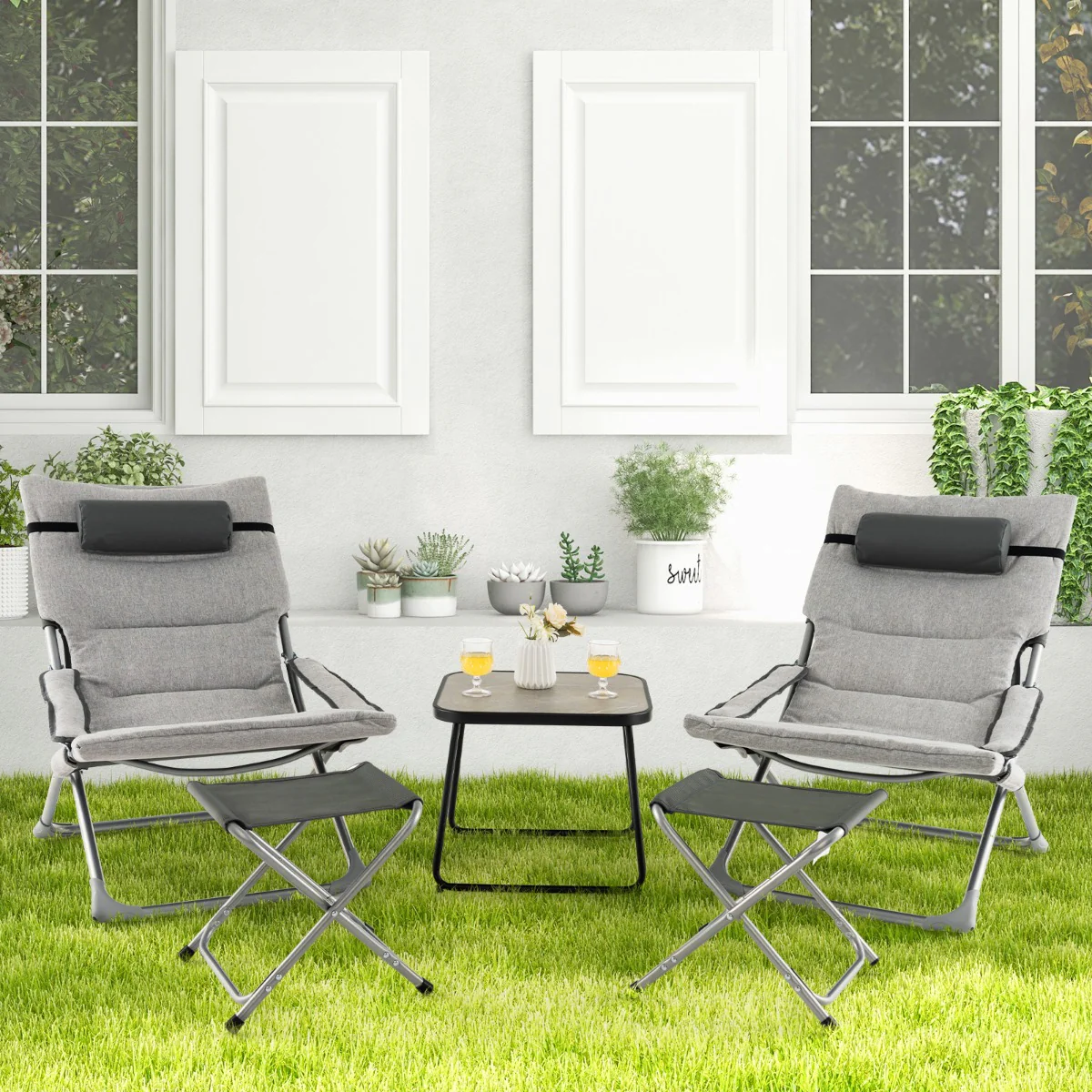 5 Piece Patio Sling Chair Set with Ottoman and Coffee Table-Grey - Image 3