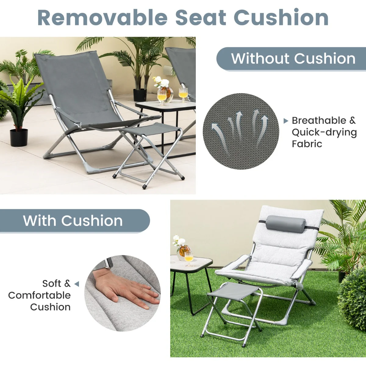 5 Piece Patio Sling Chair Set with Ottoman and Coffee Table-Grey - Image 7