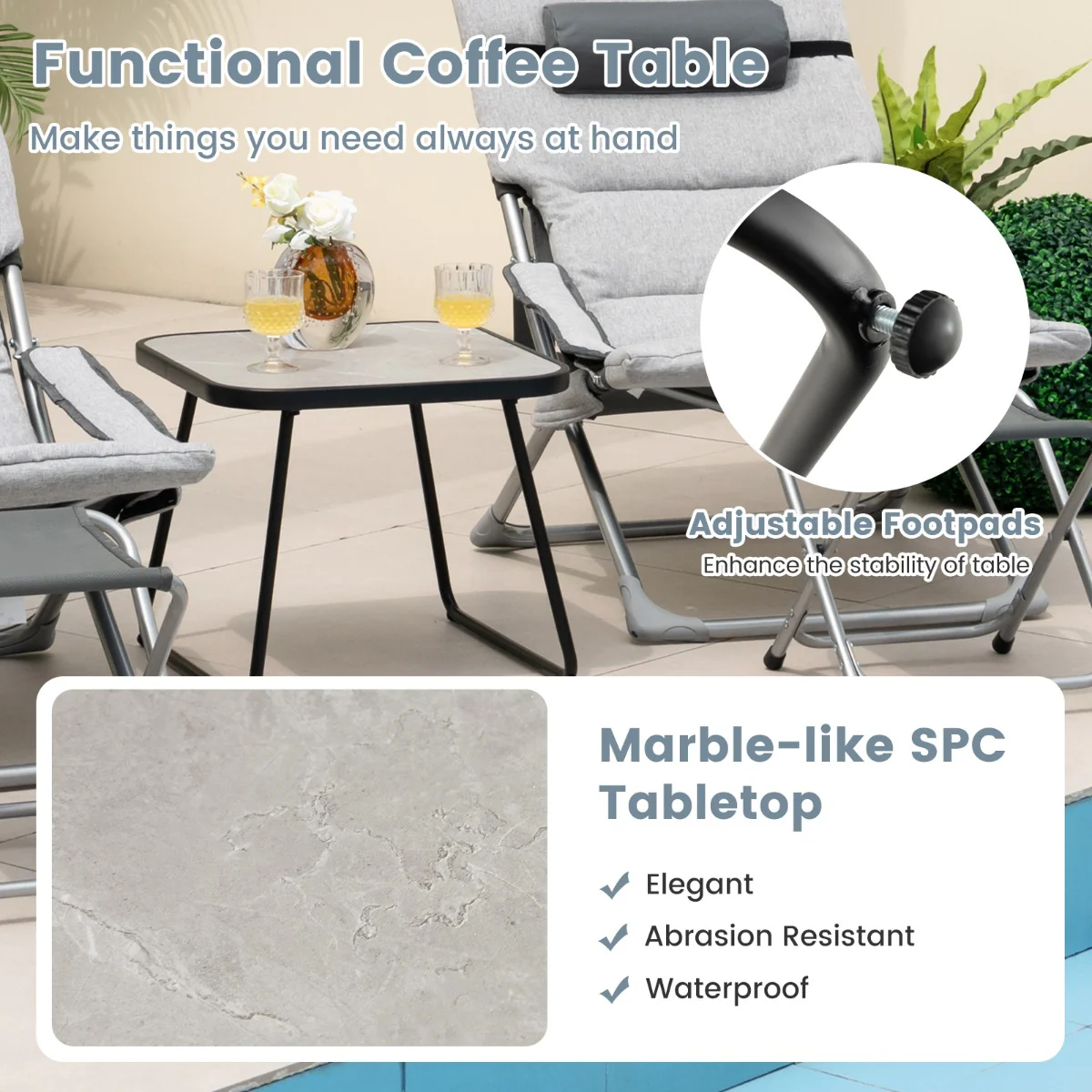 5 Piece Patio Sling Chair Set with Ottoman and Coffee Table-Grey - Image 8