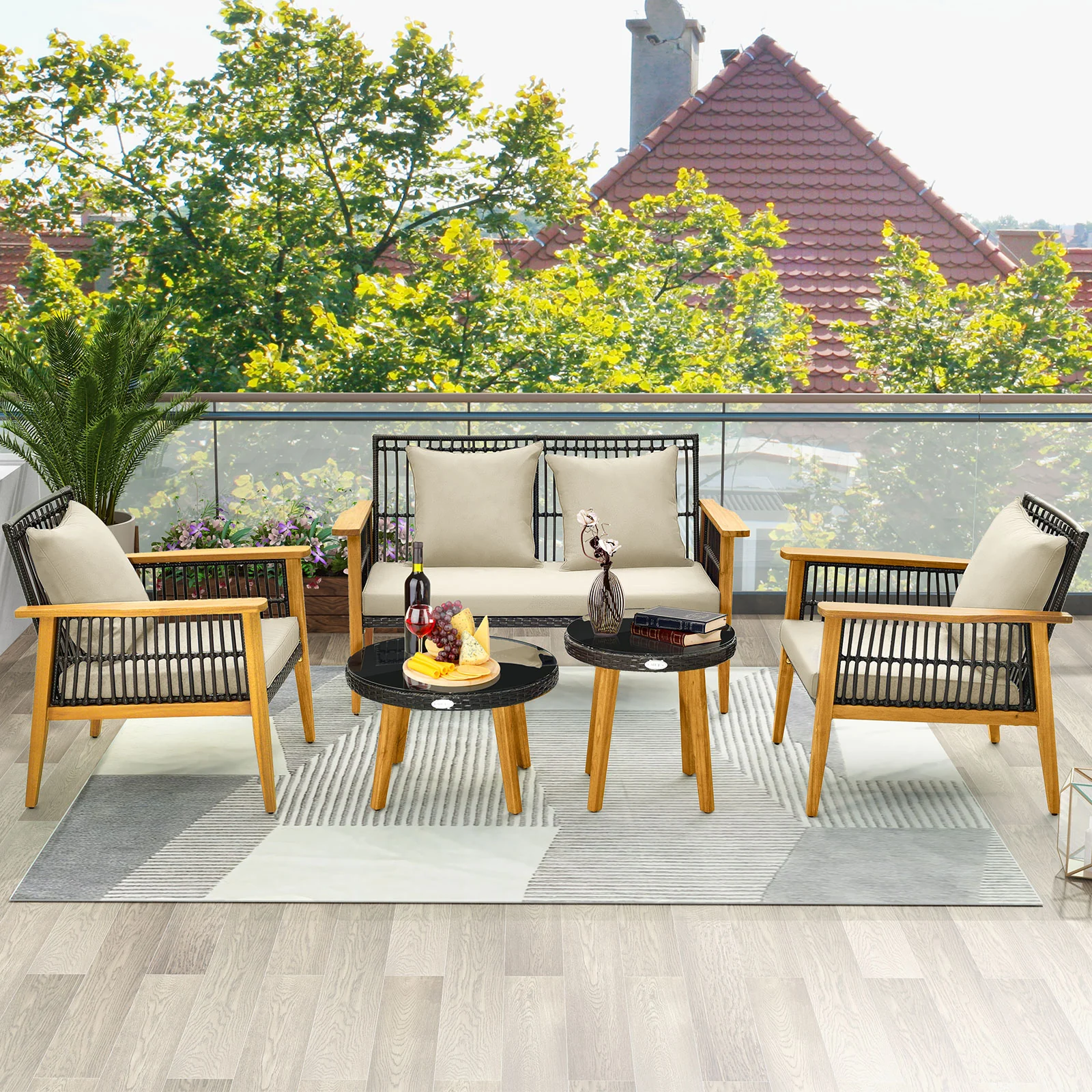 5 Pieces Outdoor Conversation Set with Acacia Wood Frame and Cushions-Brown - Image 3