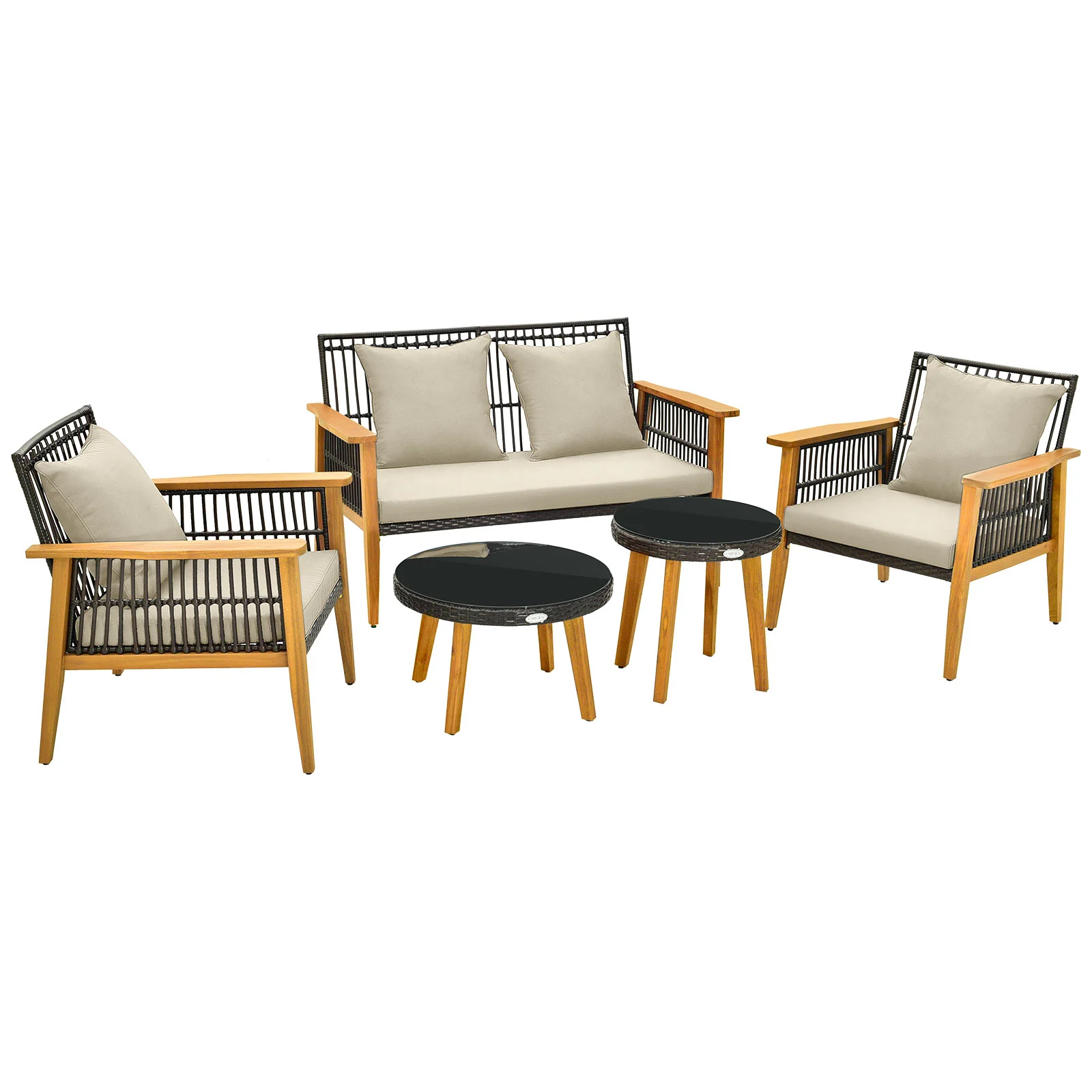 5 Pieces Outdoor Conversation Set with Acacia Wood Frame and Cushions-Brown - Image 4