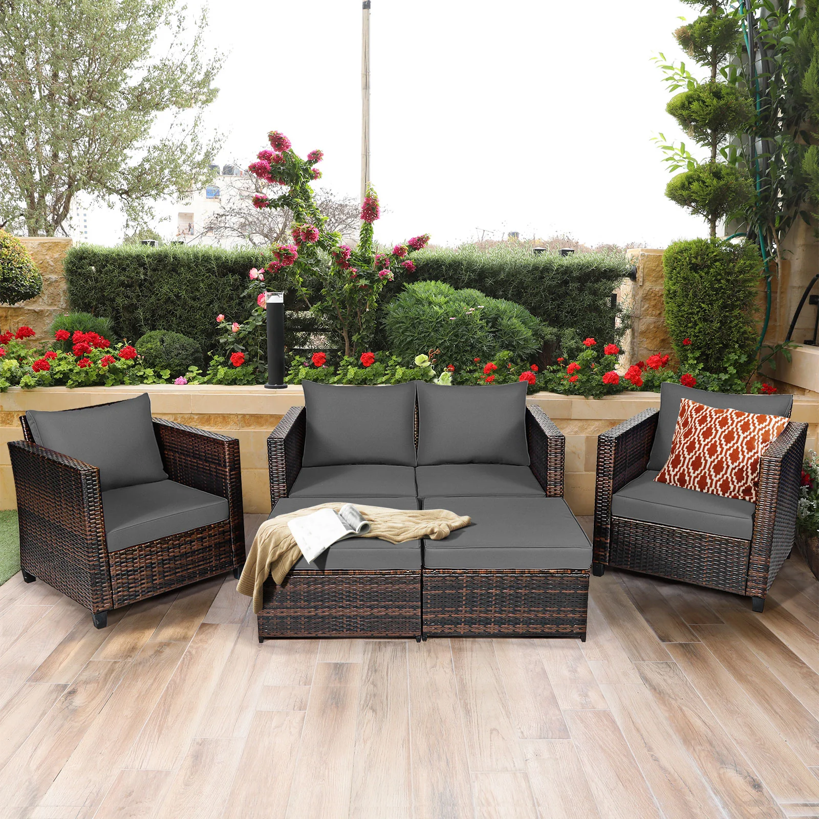 5 Pieces Outdoor Rattan Patio Furniture Set With Removable Cushions-Grey - Image 2