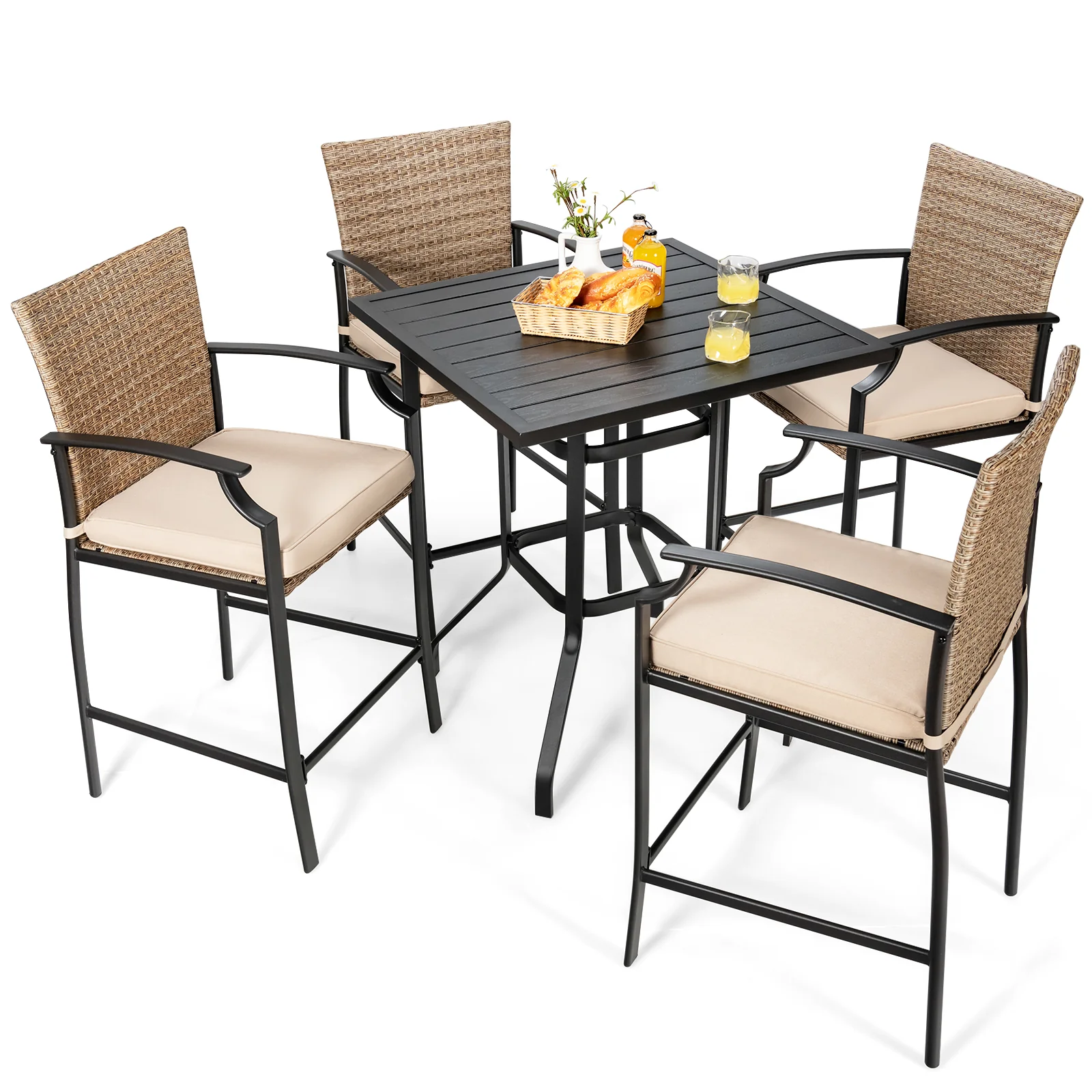 5 Pieces Patio Rattan Bar Stool Set with 4 Wicker Bar Chairs and 1 Bar Table - Image 4