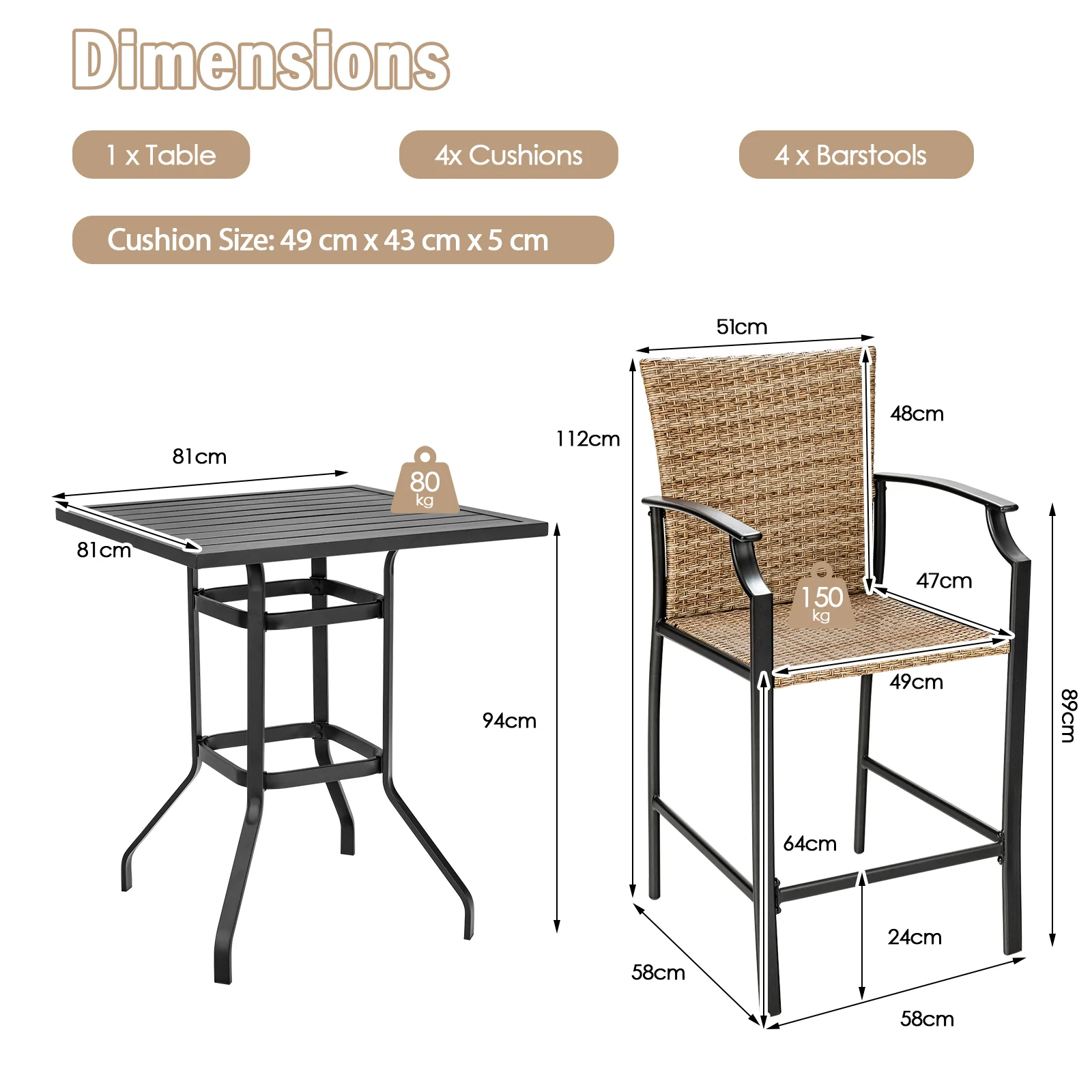 5 Pieces Patio Rattan Bar Stool Set with 4 Wicker Bar Chairs and 1 Bar Table - Image 5